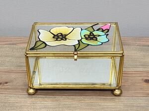 Vintage Brass & Glass Trinket Jewelry Box Etched Floral Lid Footed Display Case